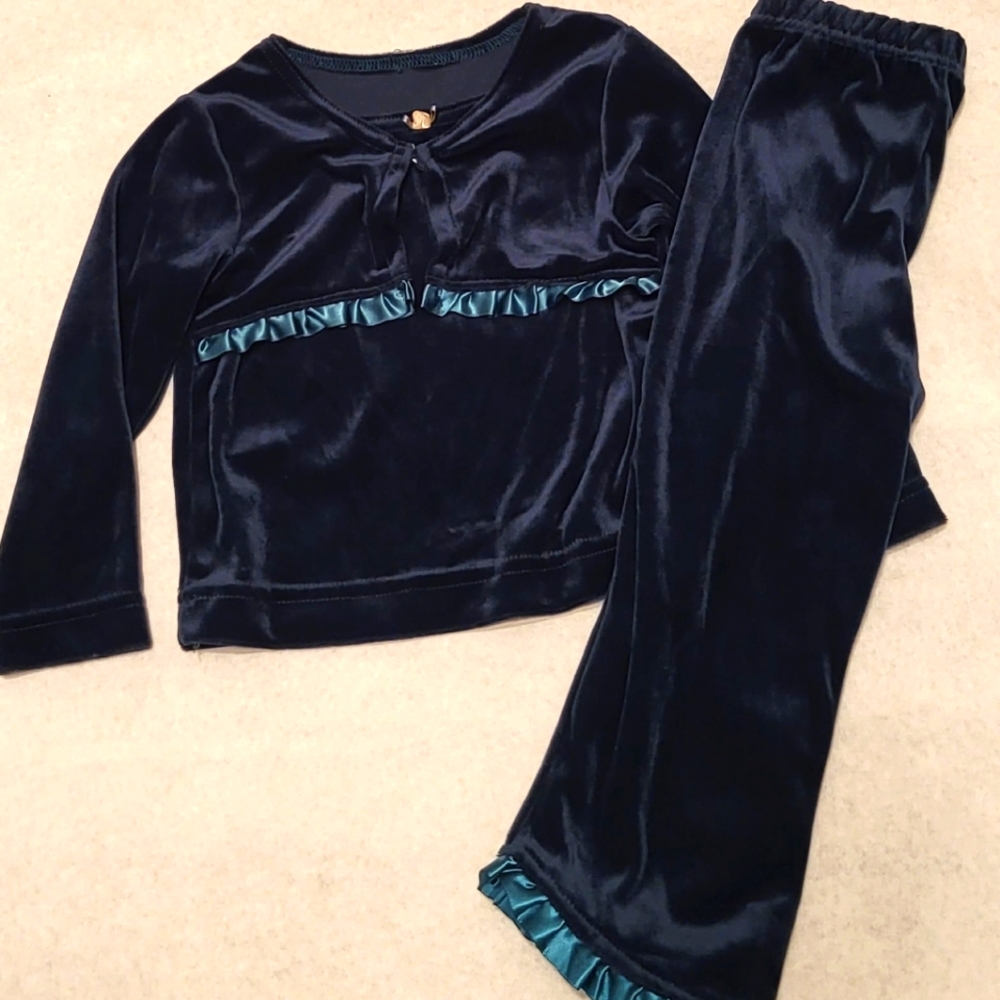 Two piece deep green velour outfit with silk trim